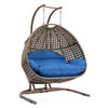 Leisuremod Wicker Hanging Double Egg Swing Chair with Blue Cushions EKDBG-57BU